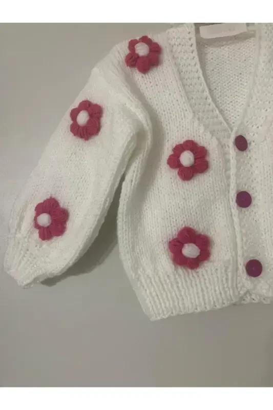 Hand Knitted Kids Cardigan White-WHITE - 3