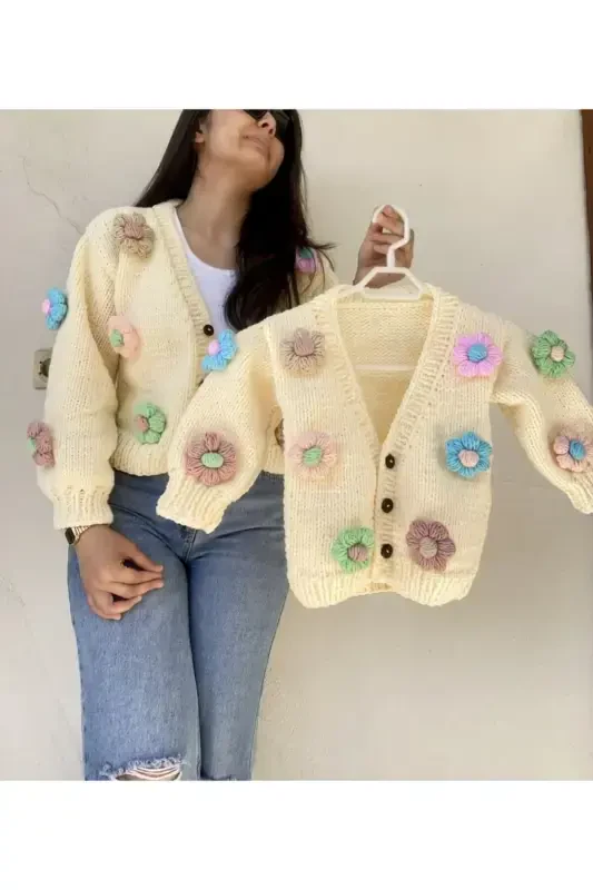 Hand Knitted Mother Daughter Combo Daisy Floral Cardigan-Cream Color - HOBIHANEM TUHAFIYE
