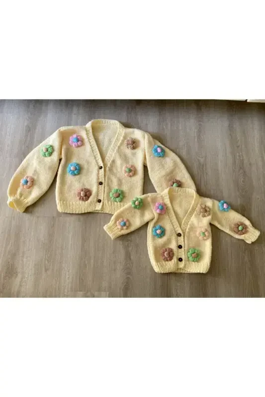 Hand Knitted Mother Daughter Combo Daisy Floral Cardigan-Cream Color - 2