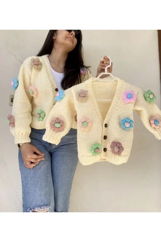 Hand Knitted Mother Daughter Combo Daisy Floral Cardigan-Cream Color - 1