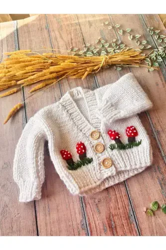 Hand-Knitted Mushroom Pattern White Baby Cardigan - SERASKIDS (1)