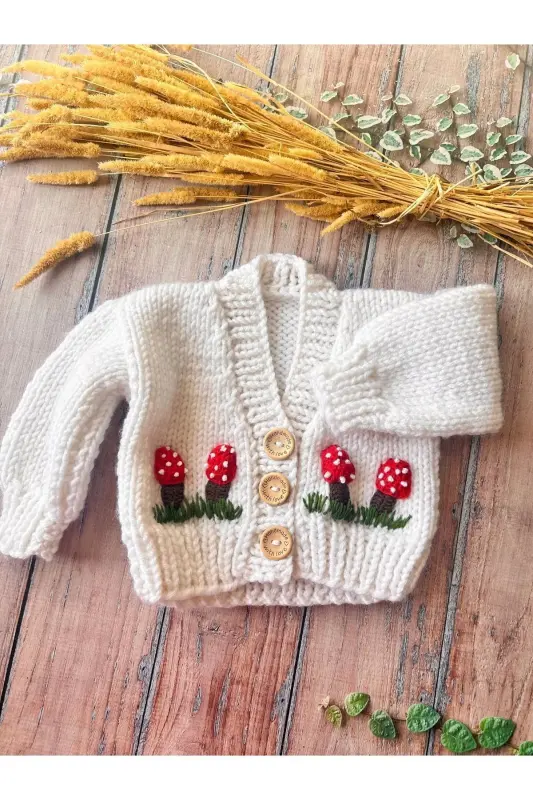 Hand-Knitted Mushroom Pattern White Baby Cardigan - 1