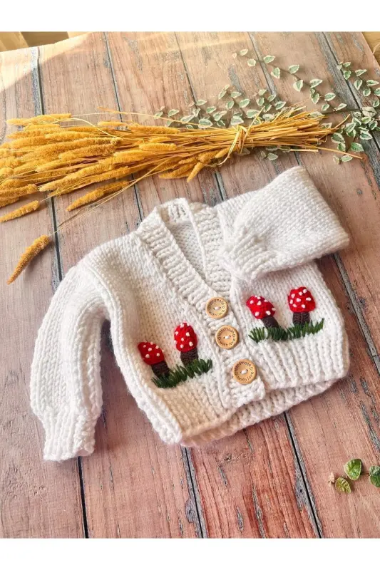 Hand-Knitted Mushroom Pattern White Baby Cardigan - 2