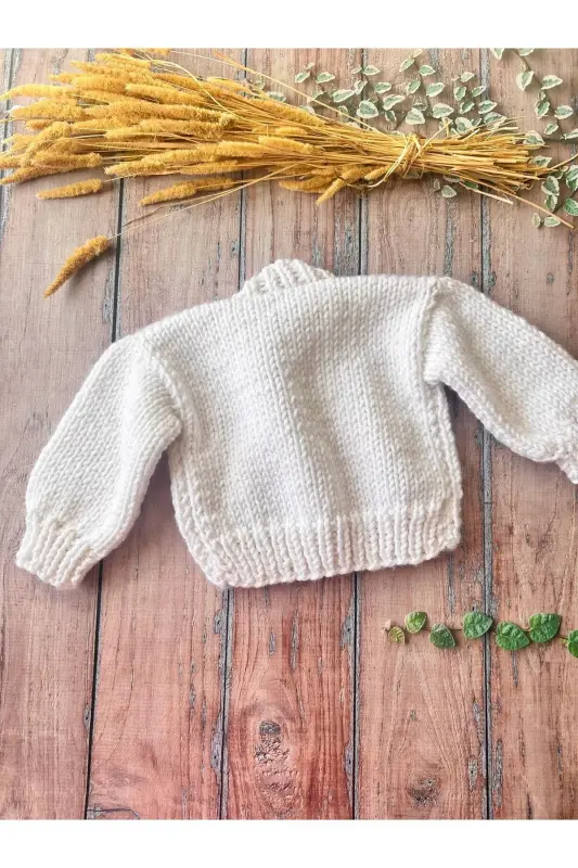 Hand-Knitted Mushroom Pattern White Baby Cardigan - 4