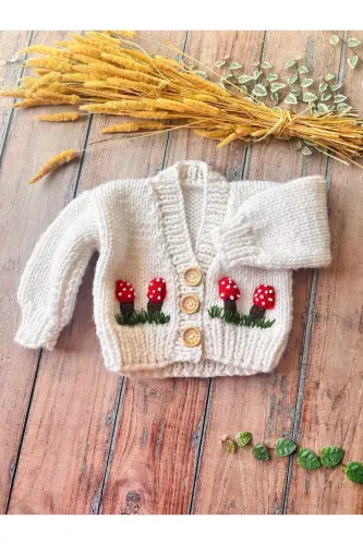 Hand-Knitted Mushroom Pattern White Baby Cardigan - 5