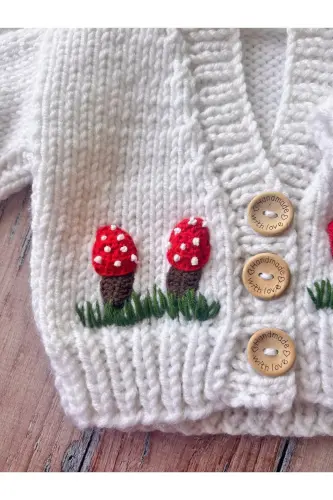 Hand-Knitted Mushroom Pattern White Baby Cardigan - 6