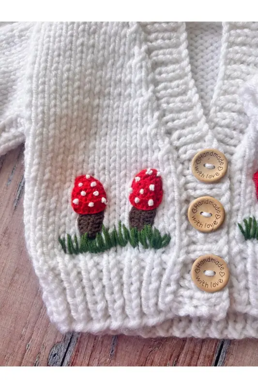 Hand-Knitted Mushroom Pattern White Baby Cardigan - 6