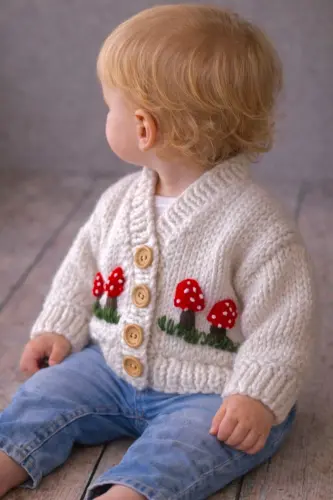 Hand-Knitted Mushroom Pattern White Baby Cardigan - 7