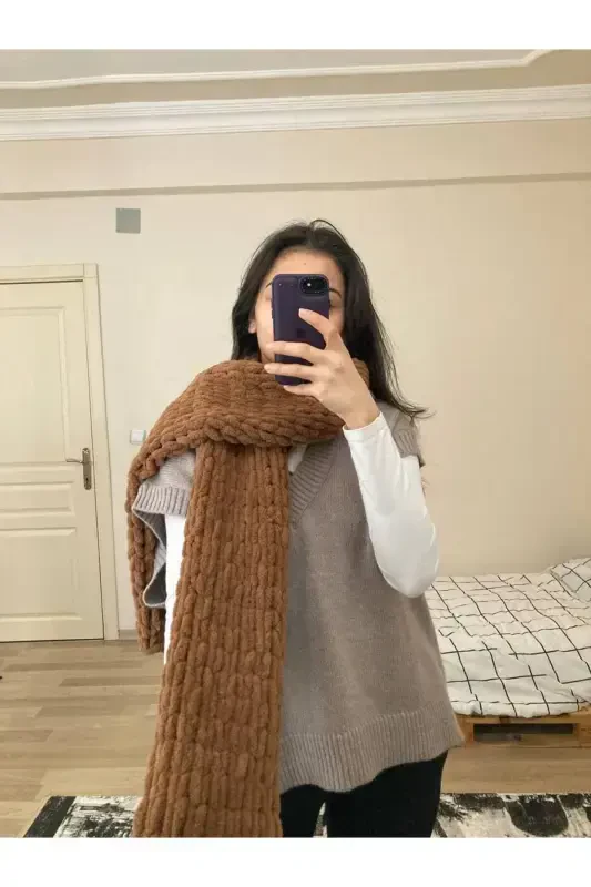 Hand Knitted Puffy Scarf Shawl-brown - MODA BIÇER