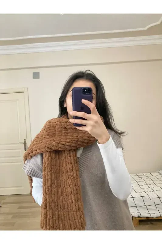 Hand Knitted Puffy Scarf Shawl-brown - 2