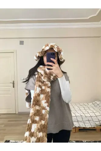 Hand Knitted Puffy Scarf Shawl-coffee white - MODA BIÇER (1)