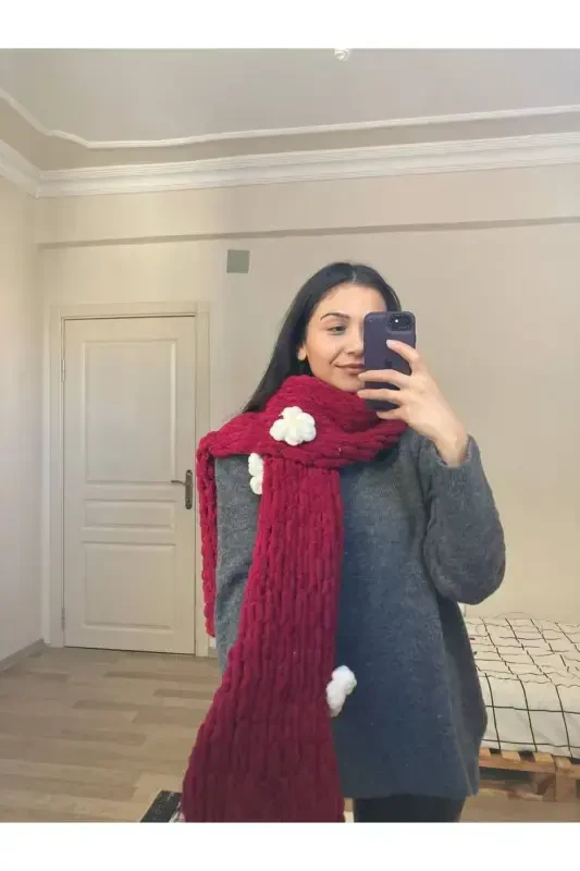 Hand Knitted Puffy Scarf Shawl Floral-claret white cloudy - 2