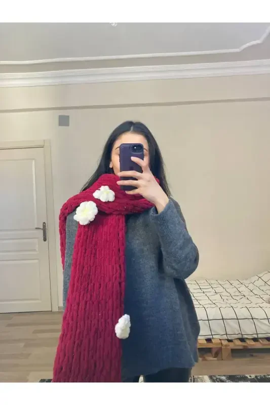 Hand Knitted Puffy Scarf Shawl Floral-claret white cloudy - 3