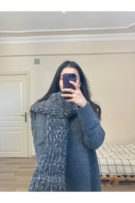 Hand Knitted Puffy Scarf Shawl-mottled - 2