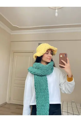 Hand Knitted Puffy Scarf Shawl Pine Green-green - MODA BIÇER (1)