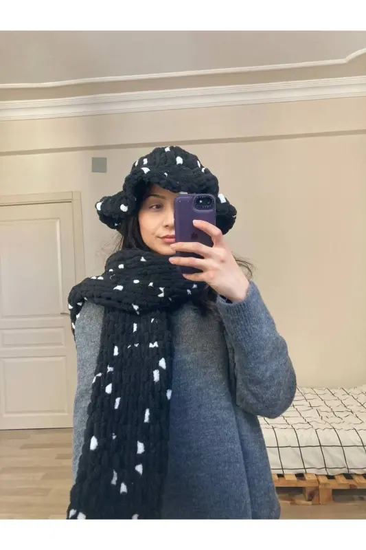 Hand Knitted Puffy Scarf Shawl - polka dotted - MODA BIÇER