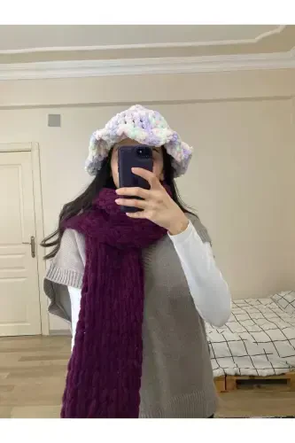 Hand Knitted Puffy Scarf Shawl-purple - 3