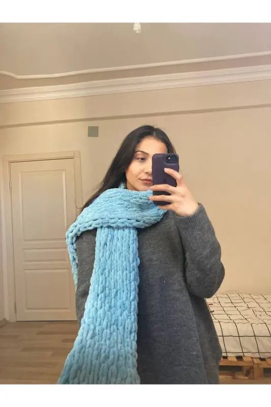 Hand Knitted Puffy Scarf Shawl-turquoise - 2