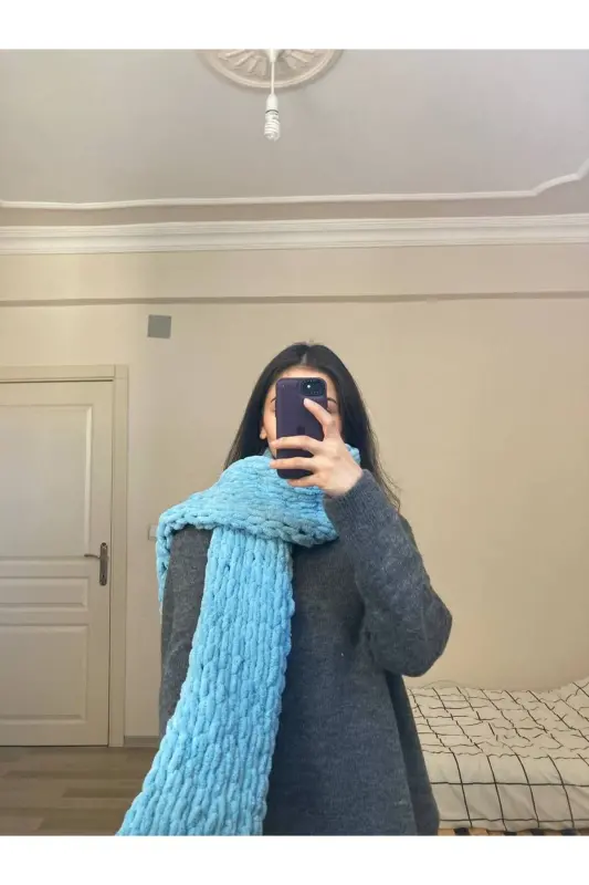 Hand Knitted Puffy Scarf Shawl-turquoise - 3