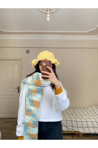 Hand Knitted Puffy Scarf Shawl-turquoise coffee white - 1