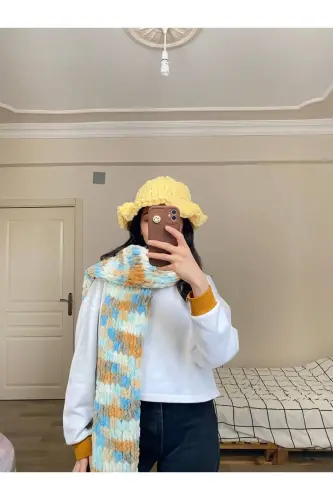 Hand Knitted Puffy Scarf Shawl-turquoise coffee white - MODA BIÇER (1)