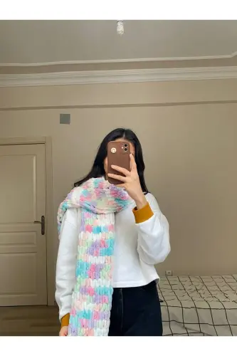 Hand Knitted Puffy Scarf Shawl-turquoise purple green pink white - MODA BIÇER (1)
