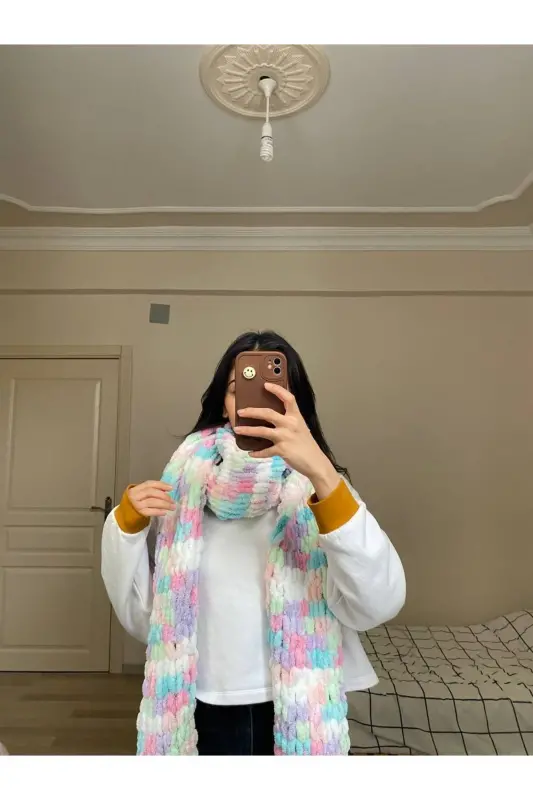 Hand Knitted Puffy Scarf Shawl-turquoise purple green pink white - 3