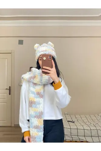 Hand Knitted Puffy Scarf Shawl - white yellow brown blue 