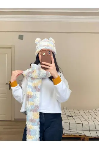 Hand Knitted Puffy Scarf Shawl - white yellow brown blue - 3