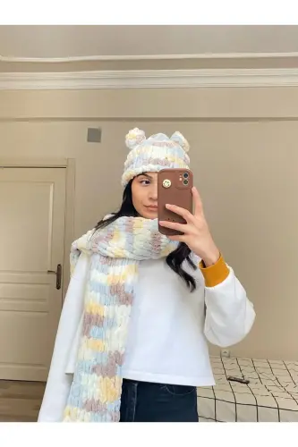 Hand Knitted Puffy Scarf Shawl - white yellow brown blue - 5