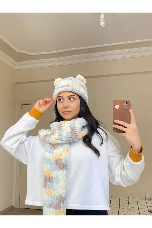 Hand Knitted Puffy Scarf Shawl - white yellow brown blue - 8