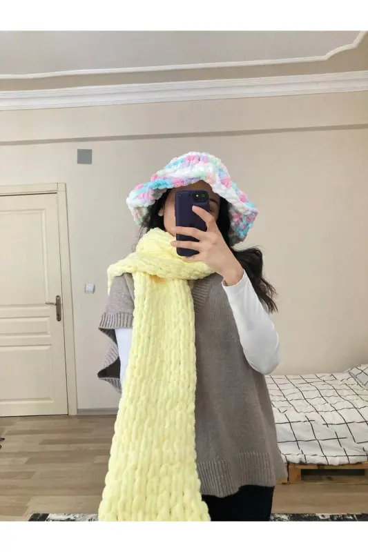 Hand Knitted Puffy Scarf Shawl - yellow - 1