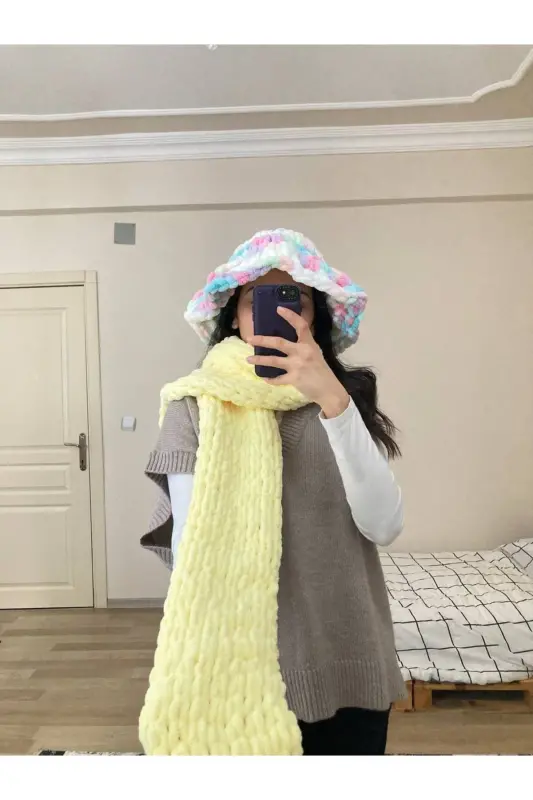 Hand Knitted Puffy Scarf Shawl - yellow - 3