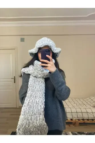 Hand Knitted Puffy Scarf Snow Leopard-mottled 2 - MODA BIÇER (1)