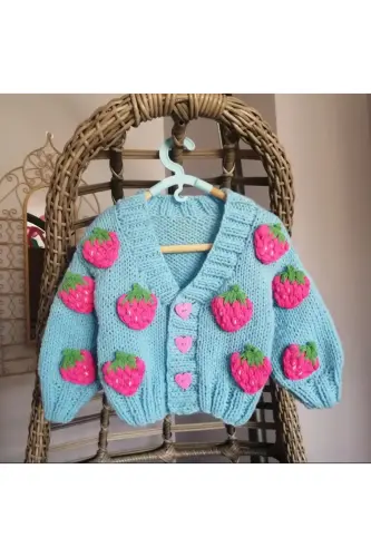 Hand Knitted Strawberry Detailed Baby Girl, Kids Cardigan 