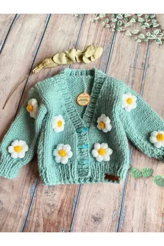 Hand-Knitted Turquoise Cropped Cardigan with Daisies for Baby Girl - 1