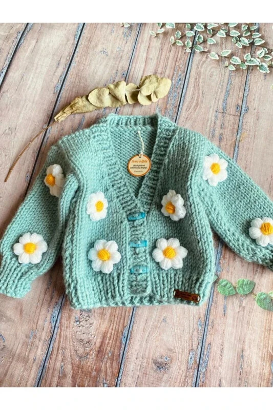 Hand-Knitted Turquoise Cropped Cardigan with Daisies for Baby Girl - 1