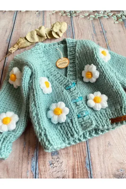 Hand-Knitted Turquoise Cropped Cardigan with Daisies for Baby Girl - 2