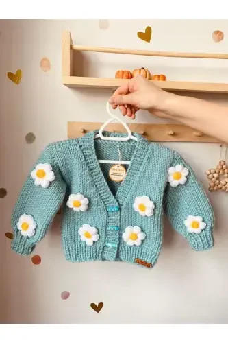 Hand-Knitted Turquoise Cropped Cardigan with Daisies for Baby Girl - 3