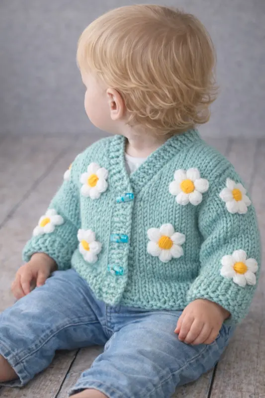Hand-Knitted Turquoise Cropped Cardigan with Daisies for Baby Girl - 4
