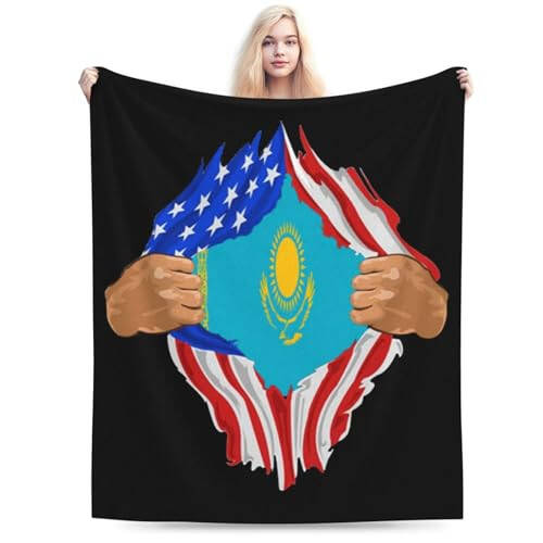 Hand Tear Flag Of Kazakhstan Throw Blanket for Couch Bed Sofa Soft Comfortable Blanket 60