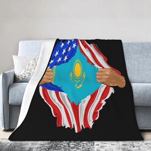 Hand Tear Flag Of Kazakhstan Throw Blanket for Couch Bed Sofa Soft Comfortable Blanket 60