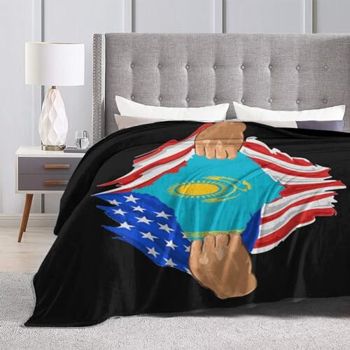 Hand Tear Flag Of Kazakhstan Throw Blanket for Couch Bed Sofa Soft Comfortable Blanket 60