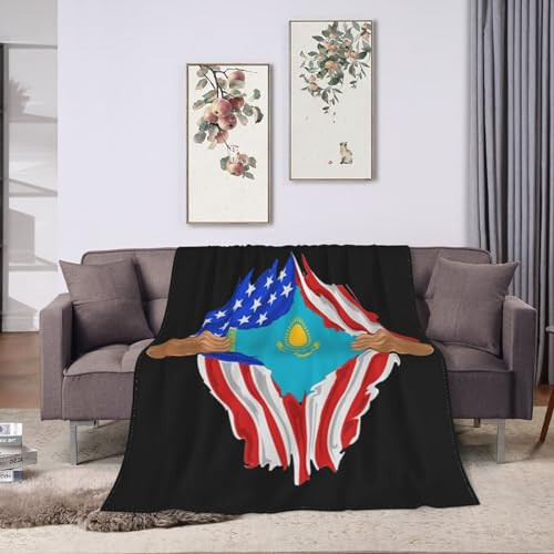 Hand Tear Flag Of Kazakhstan Throw Blanket for Couch Bed Sofa Soft Comfortable Blanket 60