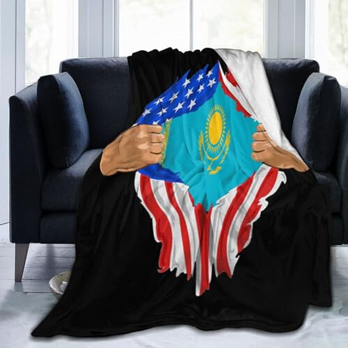 Hand Tear Flag Of Kazakhstan Throw Blanket for Couch Bed Sofa Soft Comfortable Blanket 60