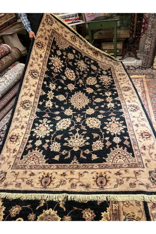 Hand-Woven Afghan Ushak Ziegler Carpet, Wool on Cotton, Two Pieces, Matching Sizes 270x170 / 245x145 - Black - 5