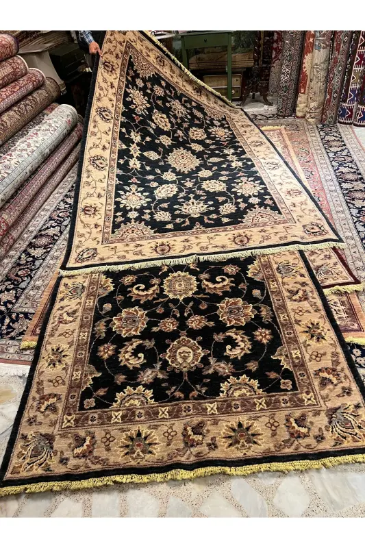 Hand-Woven Afghan Ushak Ziegler Carpet, Wool on Cotton, Two Pieces, Matching Sizes 270x170 / 245x145 - Black - 8