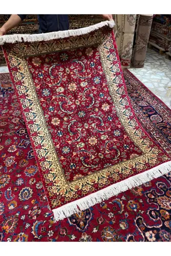 Hand-woven Kayseri Hacılar Weaving first class quality cotton on wool Weaving with root dye 185x123-Burgundy - 3