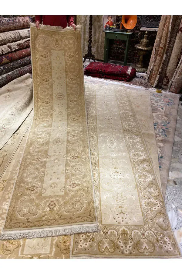 Hand Woven Ottoman Uşak Runner Silk Wool Mix 300x80-Kerem - 2