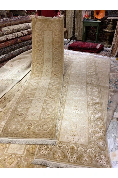 Hand Woven Ottoman Uşak Runner Silk Wool Mix 300x80-Kerem - 7